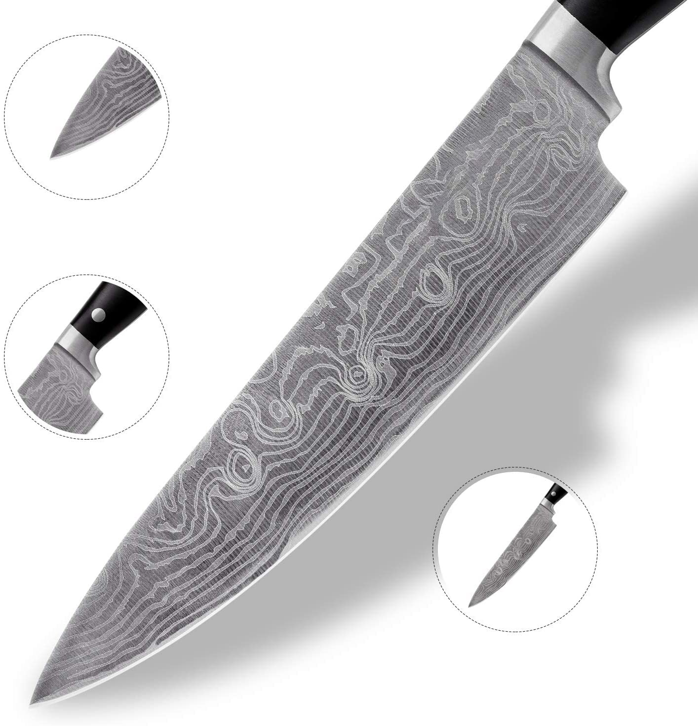 HUIKAILI Knife Set, Professional Stainless Steel Kitchen Knife Set, Sharp, Non-Slip, Frosted Handle, with Chef's Knife, Knife Sharpener, 2 Santoku Knives, and Paring Knife