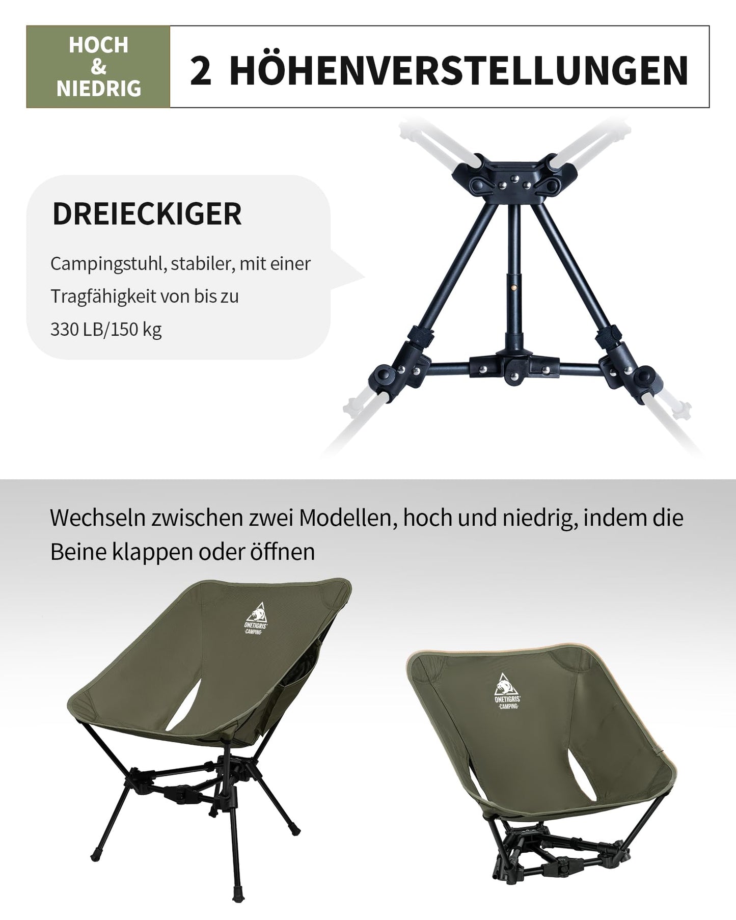 OneTigris TIGERBLADE folding camping chair 150 kg, lightweight triangle frame, ultralight folding chair, with 2 side pockets for outdoor, hiking (Ranger Green)