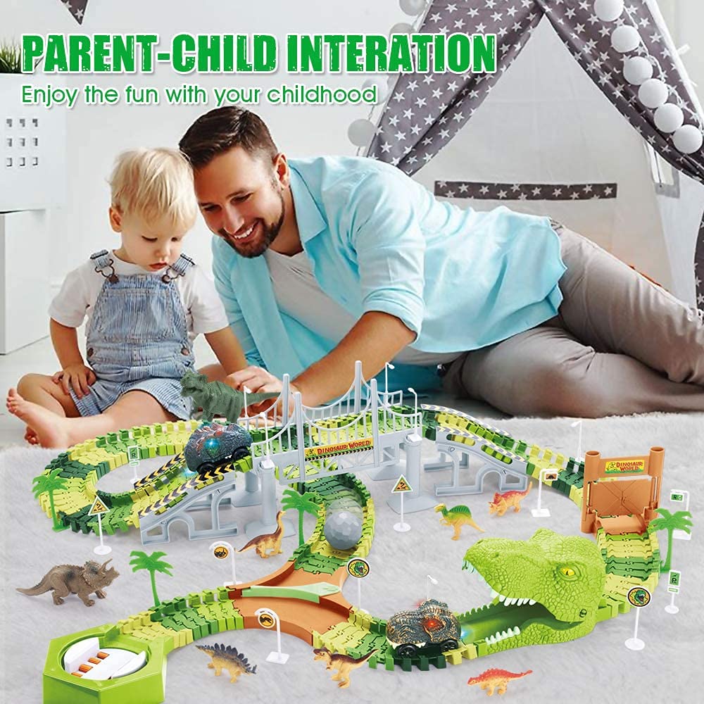 174-Piece Race Track Toys Flexible Train Tracks with 8 Dinosaur Figures, 2 Electric Race Car Vehicles Playset with Lights World Racing for Toddlers, Kids, Boys