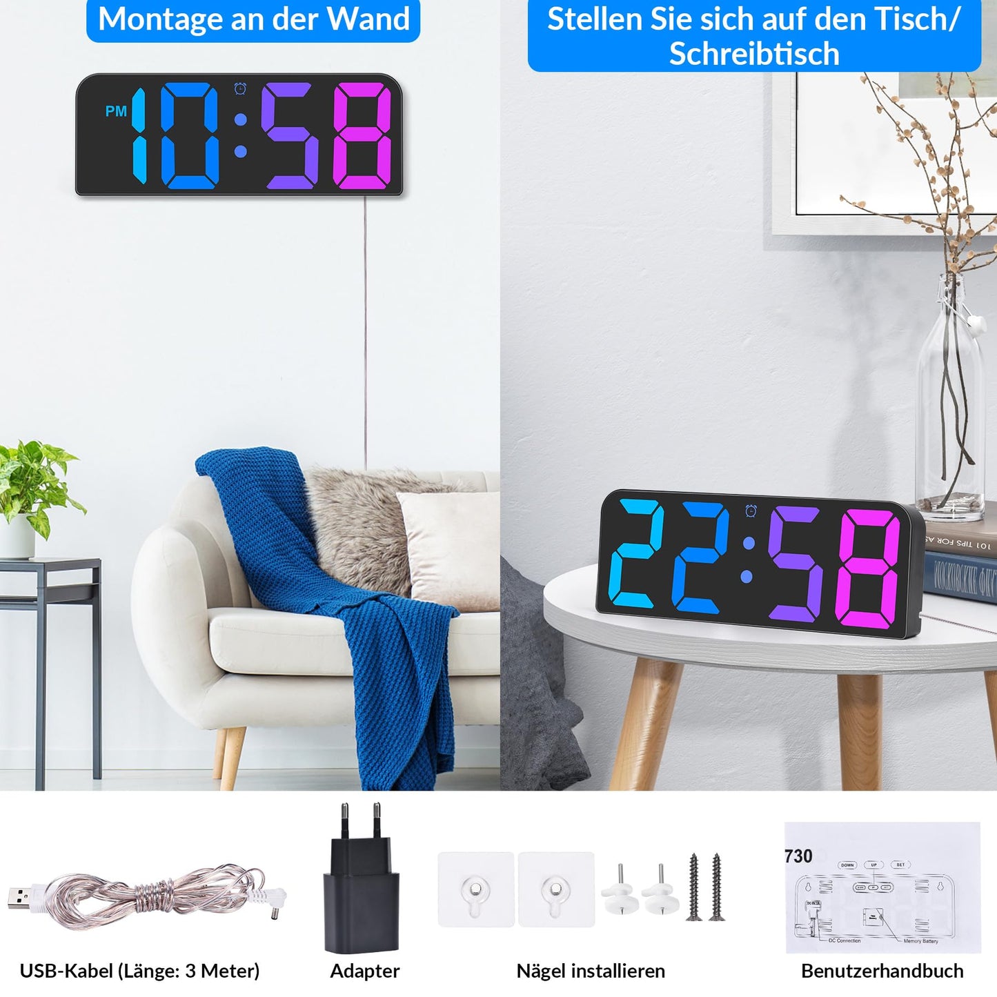 U-picks digital wall clock with adapter & remote, LED digital clock with large numbers display, adjustable brightness, three alarm sets. Digital wall clock desk clock for home - black.
