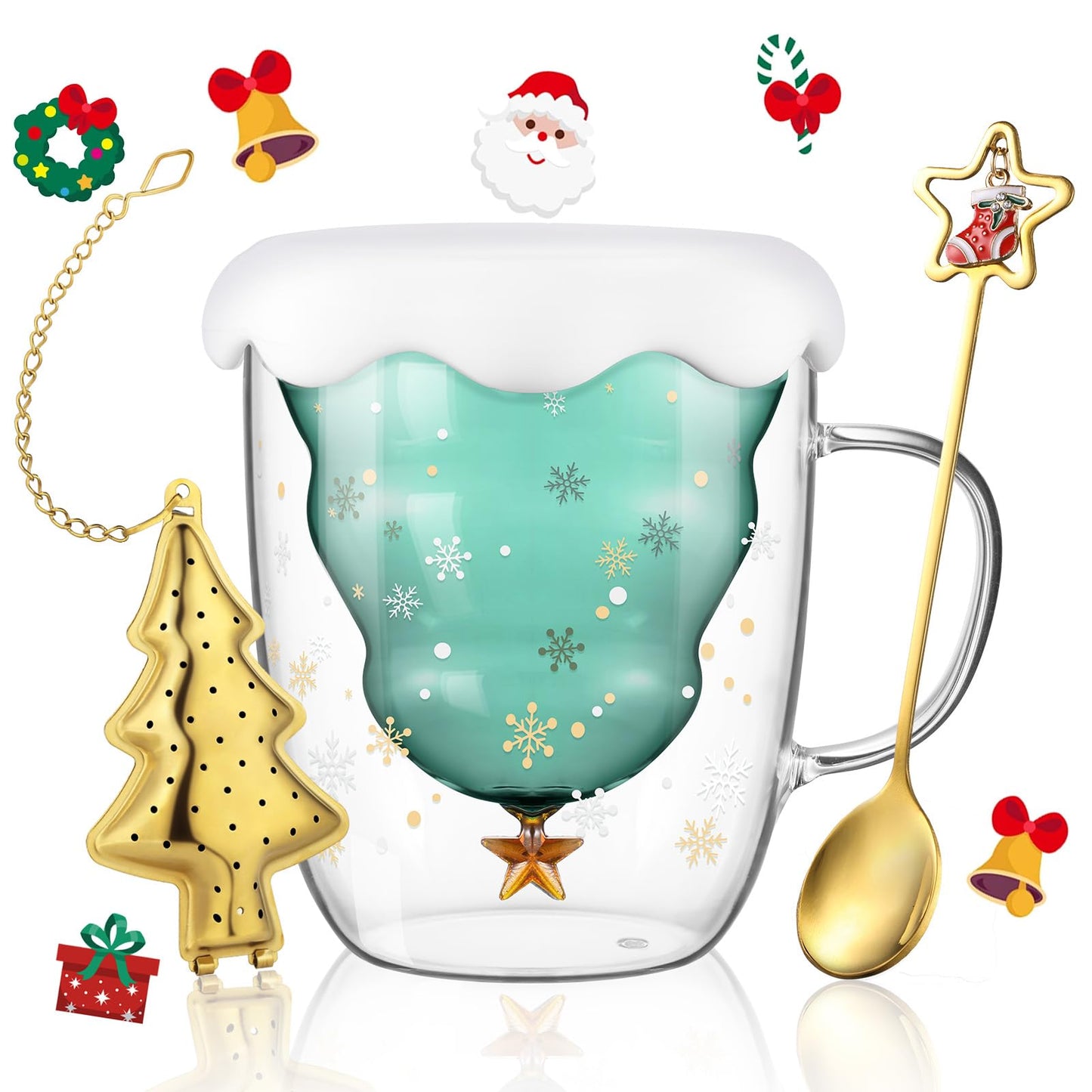 Set of two Sweet Christmas tree double-walled Latte Macchiato glasses 270ml coffee cup Christmas mug with Christmas tree tea strainer tea glasses for milk, iced, Christmas gifts gifts for women and children.