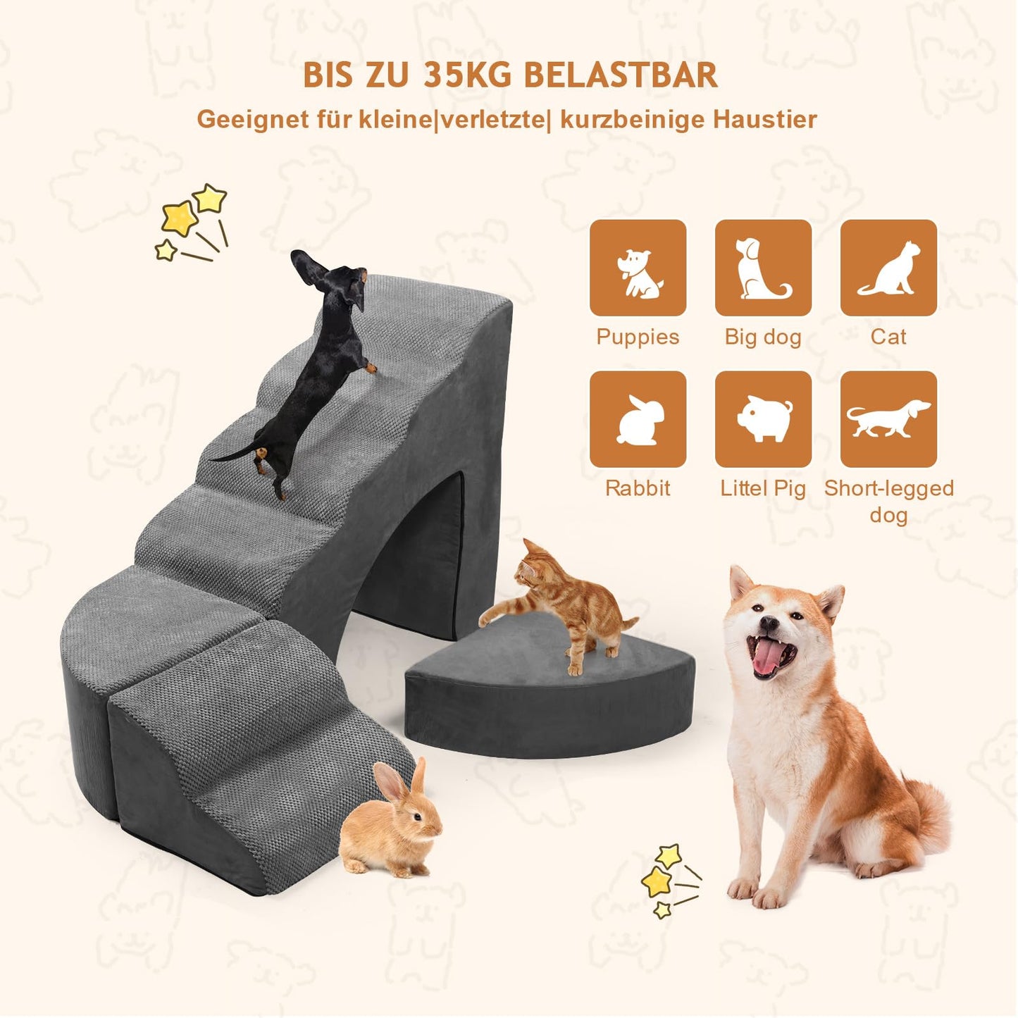 LitaiL Dog Stairs 74cm Tall for Boxspring Bed, Adjustable to Fit Each Side of Bed End, Multi-purpose Dog Ramp for Bed | Couch | Sofa, Non-slip Pet Stairs made of Foam for Dogs, Cats (Gray)