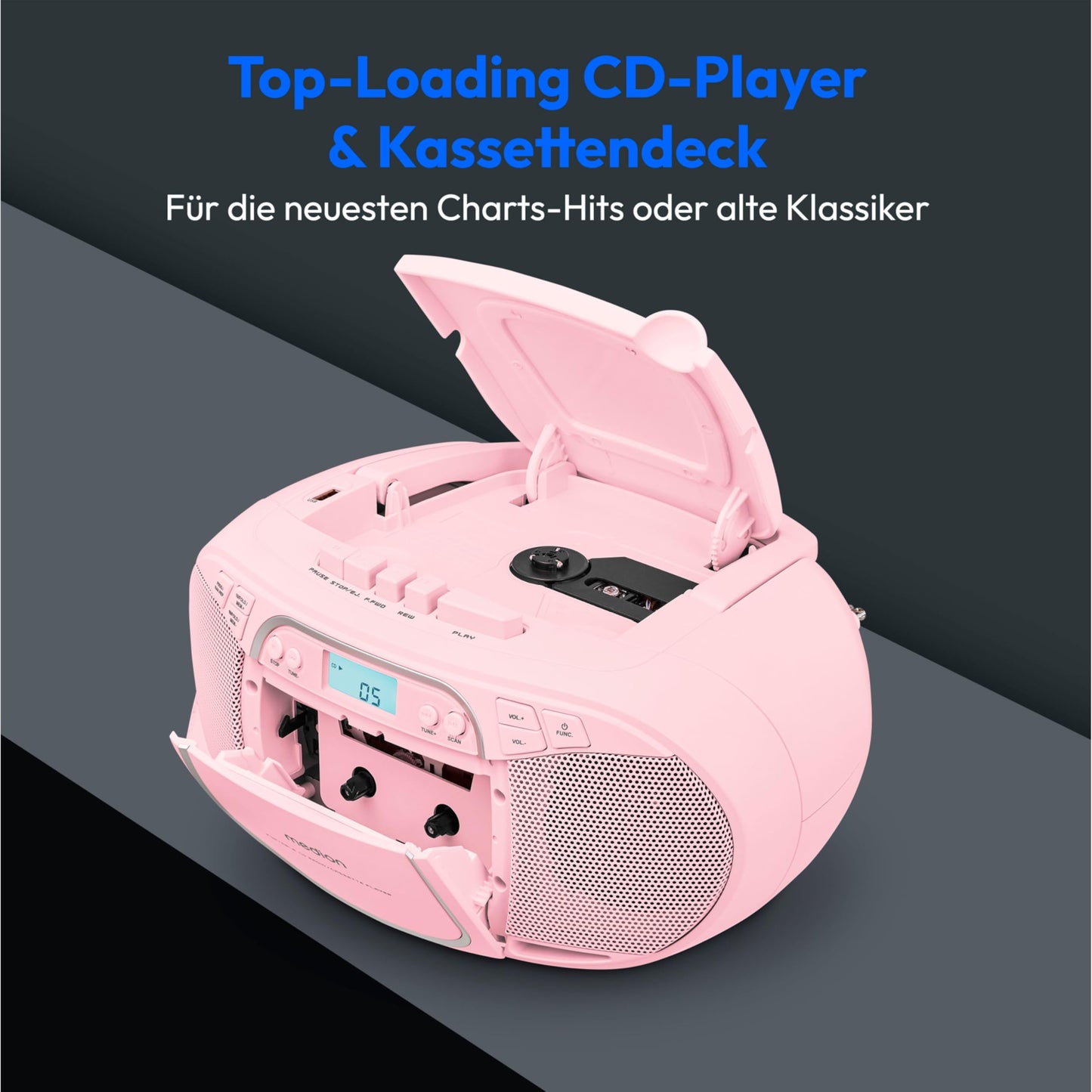 MEDION E66476 Stereo Sound System (Boombox, CD player, MP3, cassette, portable cassette player for kids, FM radio, AUX, headphones, mains & battery operation) Pink