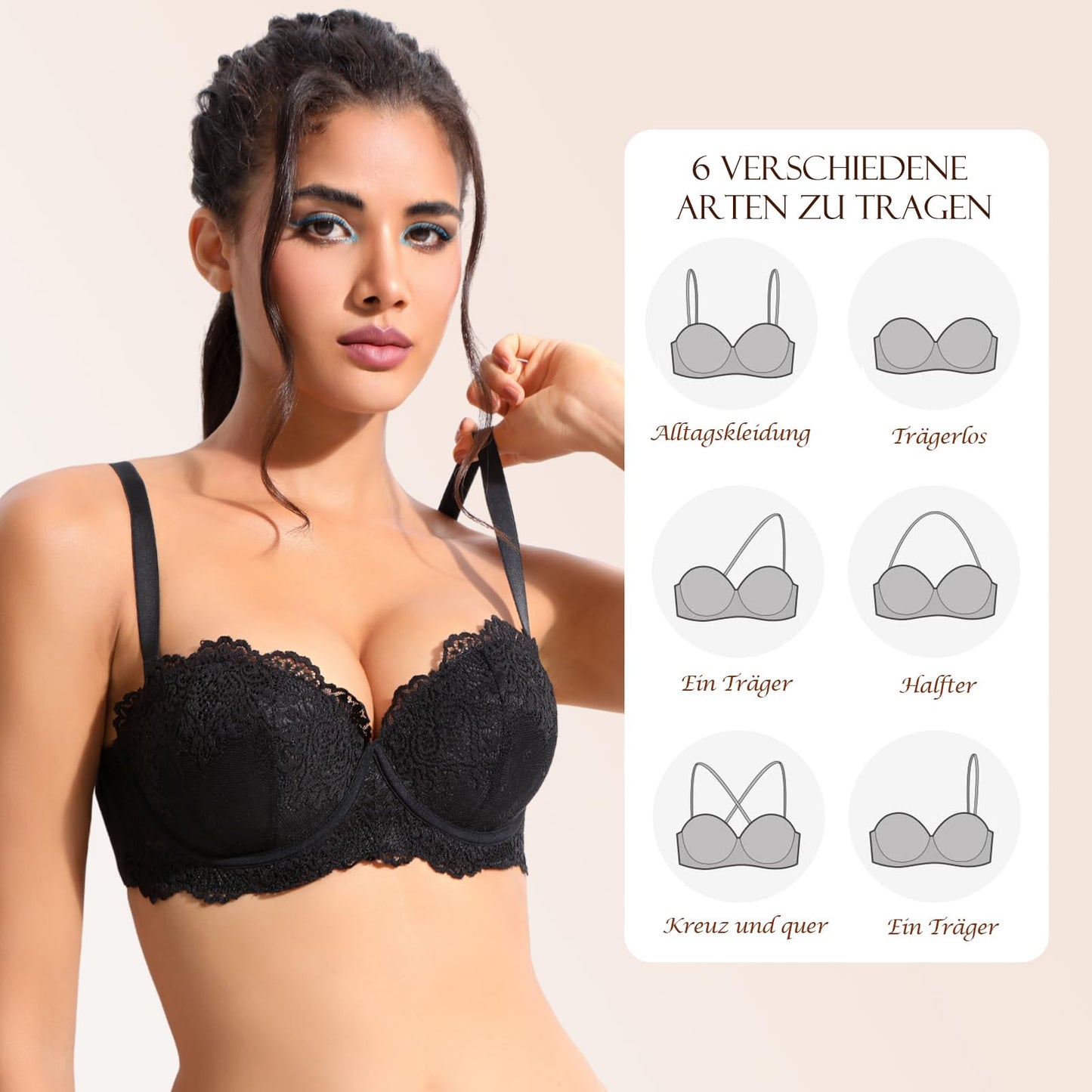 YANDW Strapless Padded Push Up Lace Bra with Multiway Clear Straps Strapless Women's Balconette Bras Black, 32D