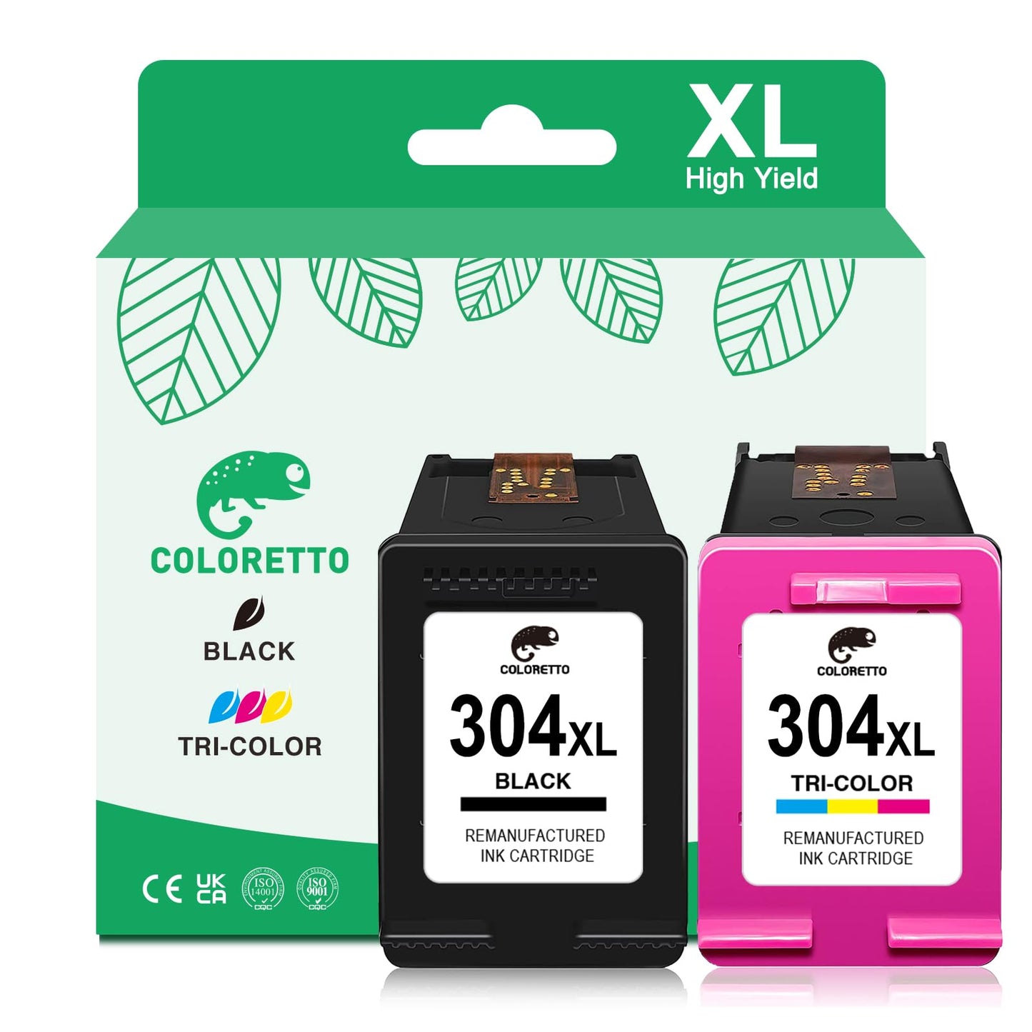 COLORETTO Ink Cartridge for HP 304XL, compatible with HP DeskJet 2600, 2622, 2630, 3700, 3762, Envy 5020, 5030, 5058, AMP 100, 120, 125, 130 (1 Black, 1 Color), for HP 304 XL cartridges