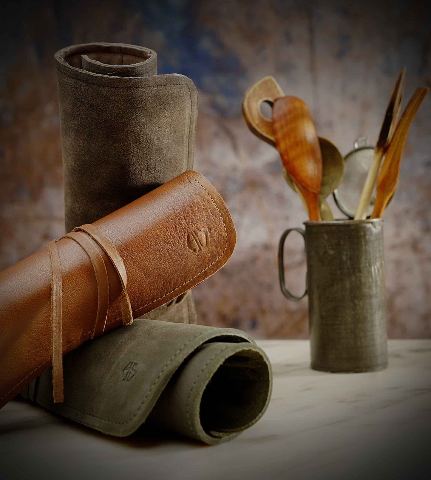 Angus Stoke Knife Bag Chef Knife - Premium Leather Chef Knife Roll Large - Knife Bag Chefs - Chef Bag Noah (Olive Green)