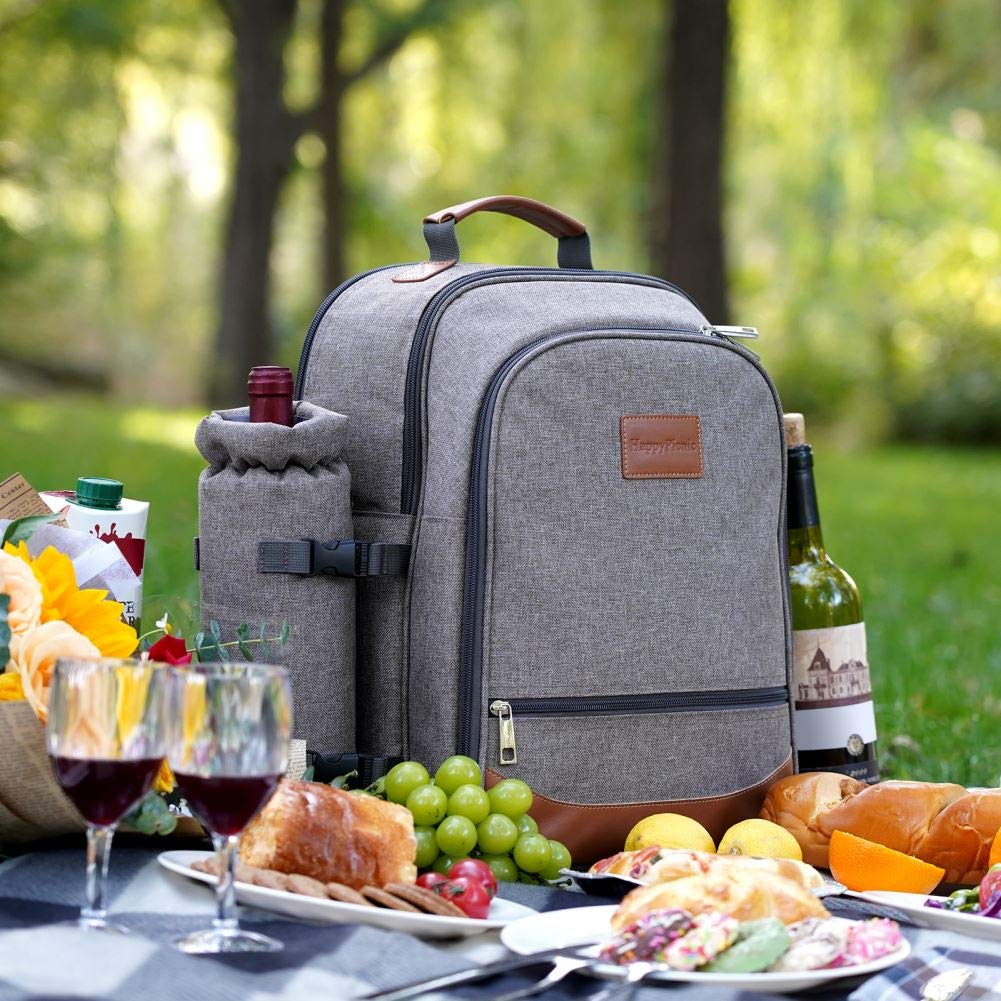 HappyPicnic Insulated picnic backpack for 4 people with complete tableware, spacious cooler compartment, bottle holders, and large waterproof picnic blanket.