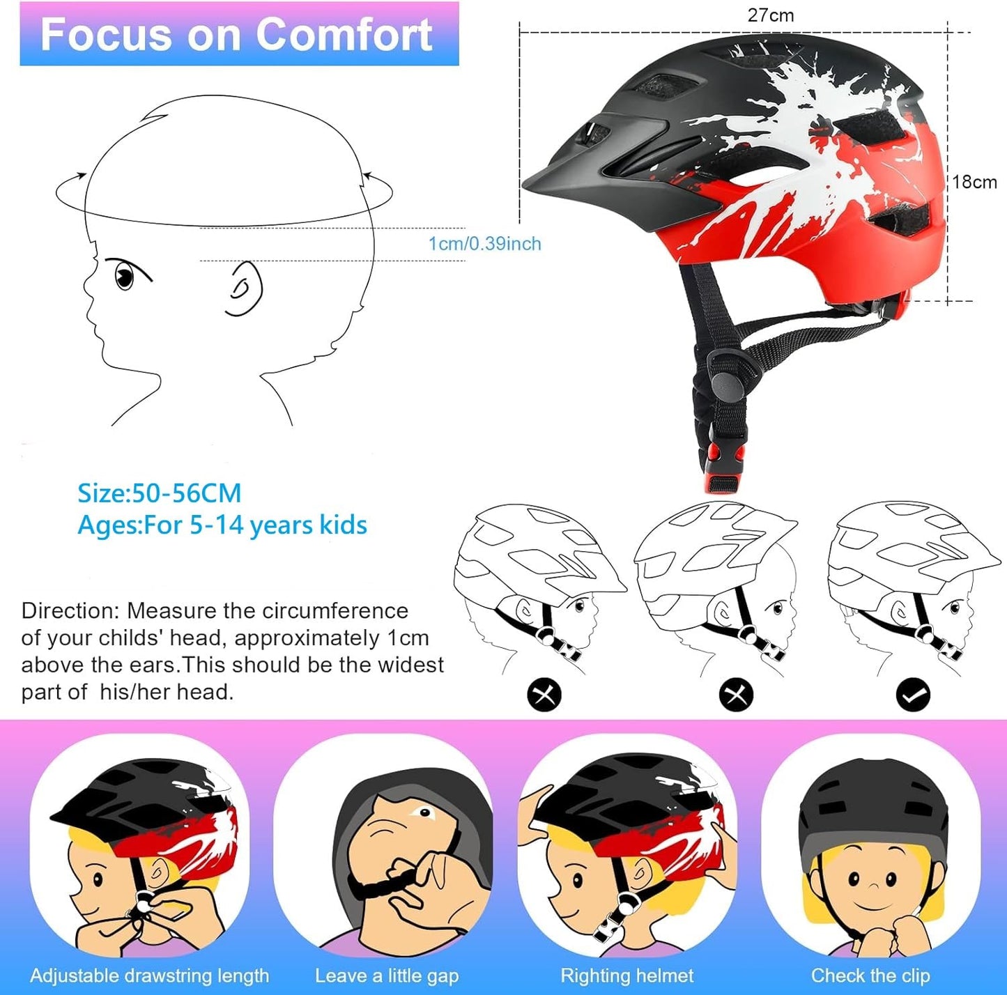 RaMokey Kids Bike Helmet, Bike Helmet with Light for Kids, Lightweight Kids Helmet with Adjustable Dial for Girls and Boys 50-56CM (ages 5-14) (Black+Red)