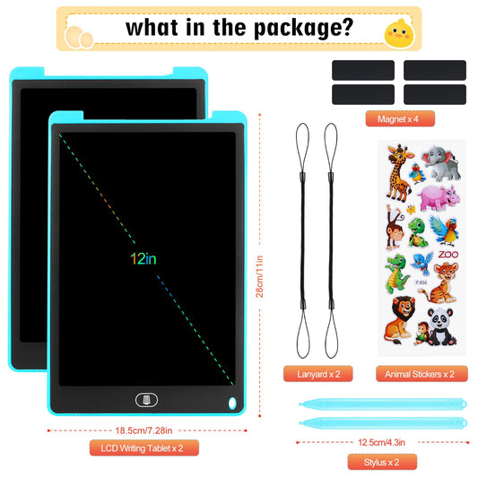 Damcyer 2 Pack-12 Inch LCD Writing Tablet for Kids, LCD Magic Board with Animal Stickers, Reusable Drawing Pad for Kids and Adults Birthday Gifts Toy, Blue + Blue