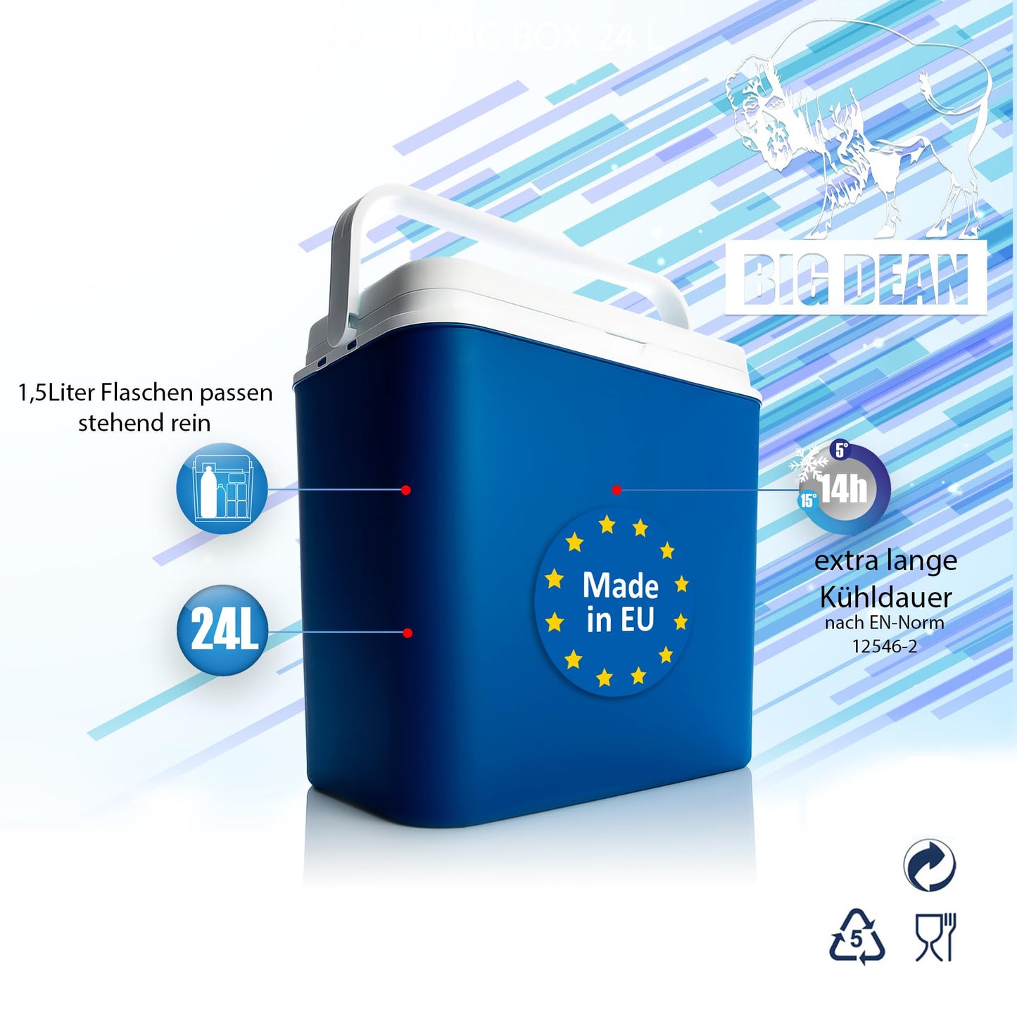 Cooler box 24 liters blue/white incl. 6 cooling packs - Up to 14 hrs cooling - Cooler bag for on the go - Outdoor thermobox for picnics & camping - Made in Europe