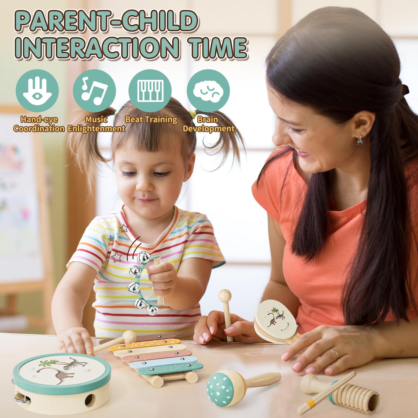 Lehoo Castle music instruments for kids, Montessori wooden toys from 2-3 years old, instrument set with xylophone drum for preschool, music learning toy gift for baby girl boy.