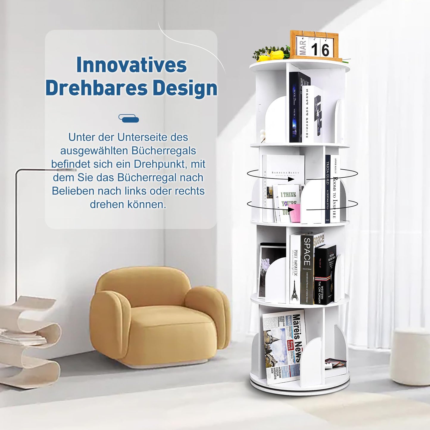 YGYQZ Rotary Bookshelf for Home with High-Density Tall Bookcase. Modern 360° Rotating Storage Display Rack with Baffle for Bedroom, Living Room, Study, or Office. White, 4 Tier Floor Standing Shelves.