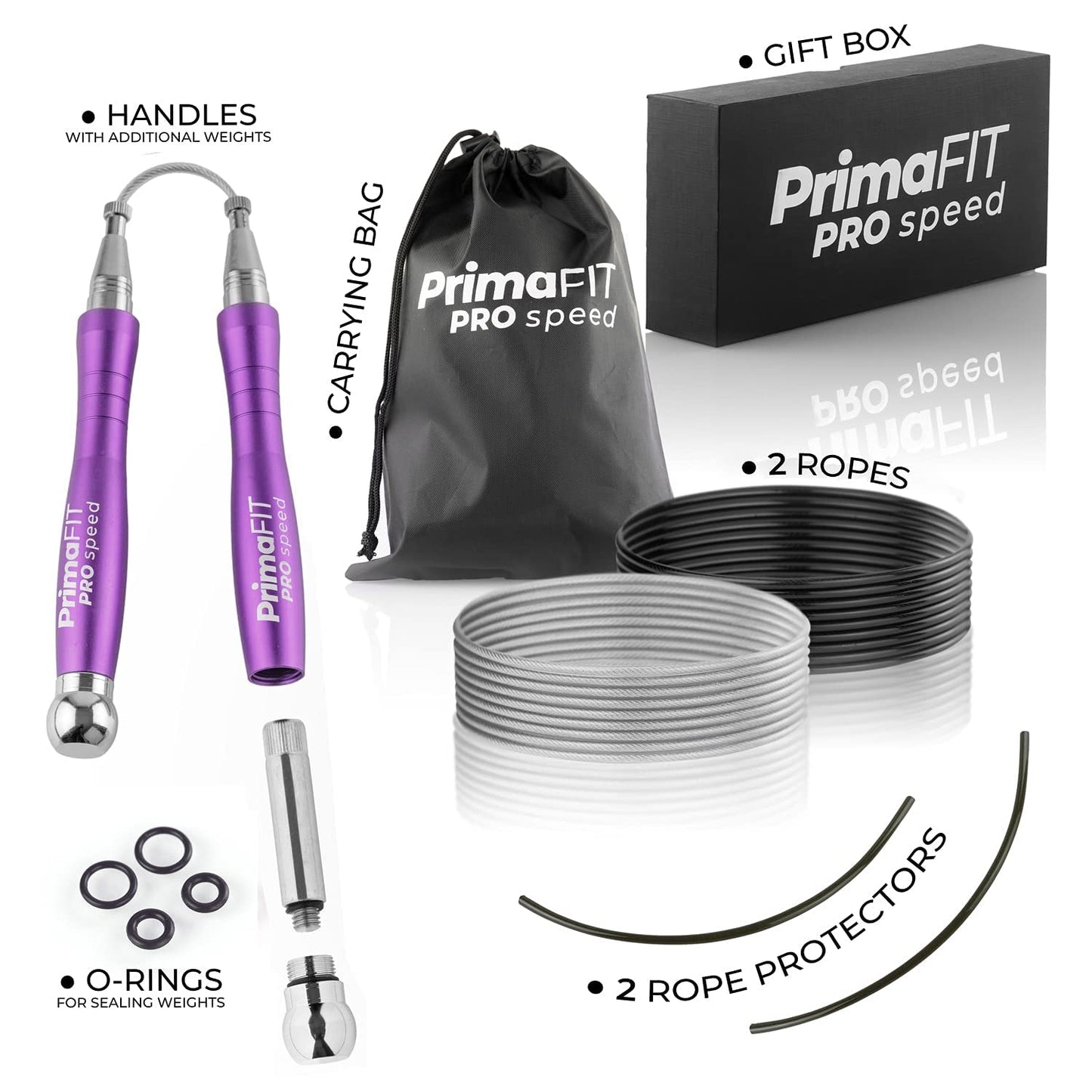 PrimaFIT adult Fitness Pro Speed Jump Rope 3m adjustable with weights, 2 ball bearings & anti-slip handles, professional skipping for boxing, MMA, Crossfit, extra steel rope, bag