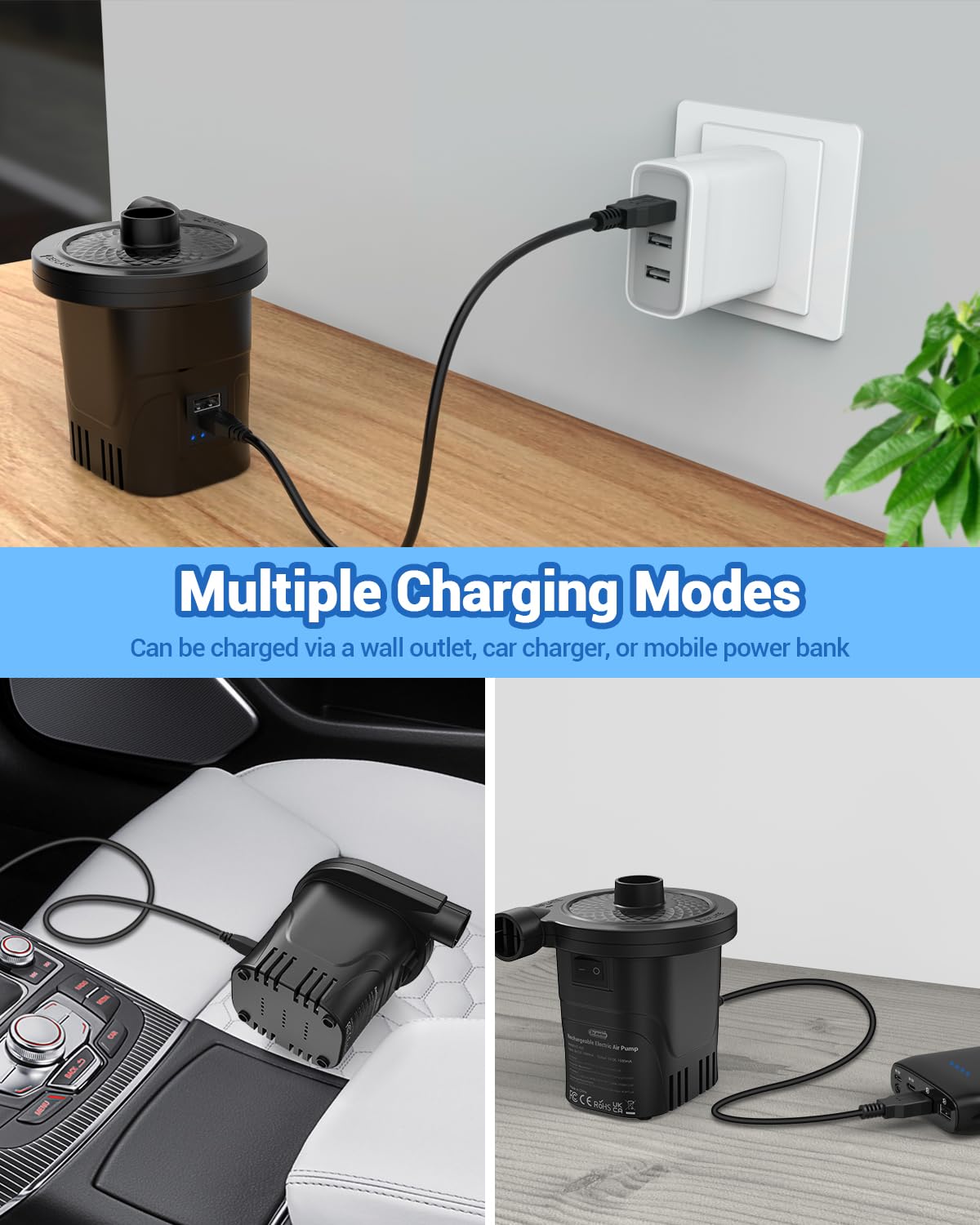 Electric air pump, Dr.meter 4000mAh rechargeable battery air pump 2 in 1 portability air pump air mattress with 3 nozzles for outdoor camping, air mattress, inflatable boat, and kiddie pool.