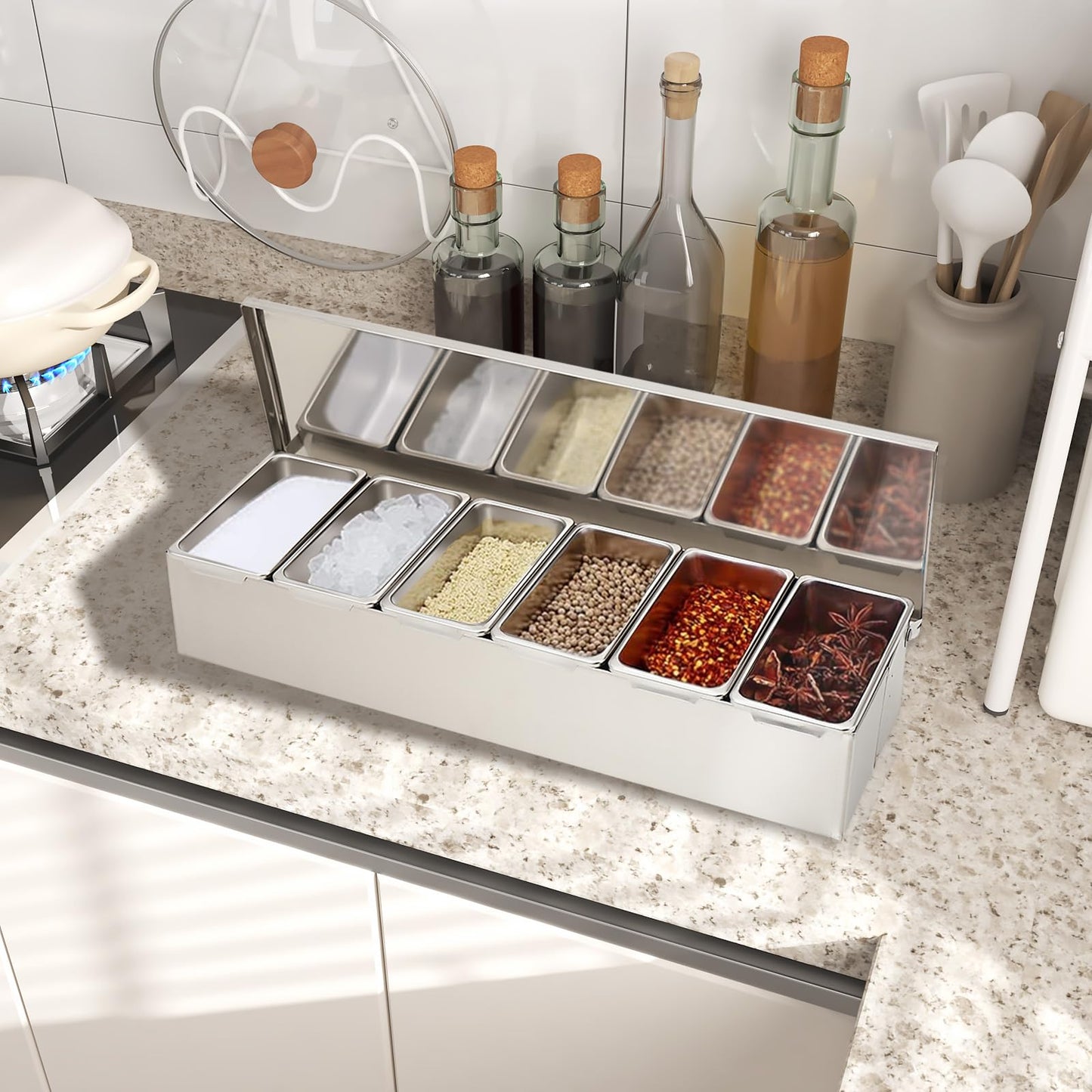 LFhelper 6 Grid X 460ML Spice Box Side Dish Container Ingredient Container Spice Container, Bar Container, Food Container Stainless Steel Fruit Box Storage, Catering Mix Replaceable ingredient box & lid