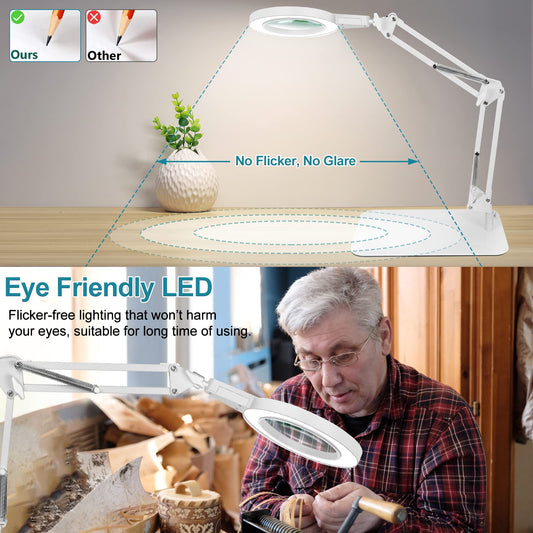 10X magnifying glass with light and stand, touch control, 2-in-1 LED magnifier light, desk lamp with large base and clamp, 3 color modes dimmable, magnifying lamp for crafting, white.