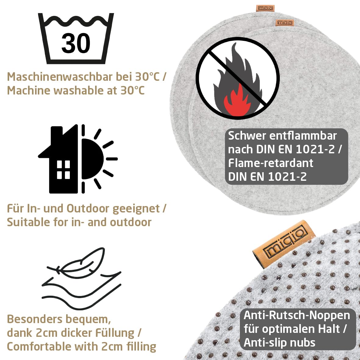Miqio Design Felt Seat Cushion Round with Anti-Slip Dots | 35cm | 4 Pack | Indoor and Outdoor | Sustainable from Recycled PET Bottles | Washable Chair Pads Non-Slip | Light Grey