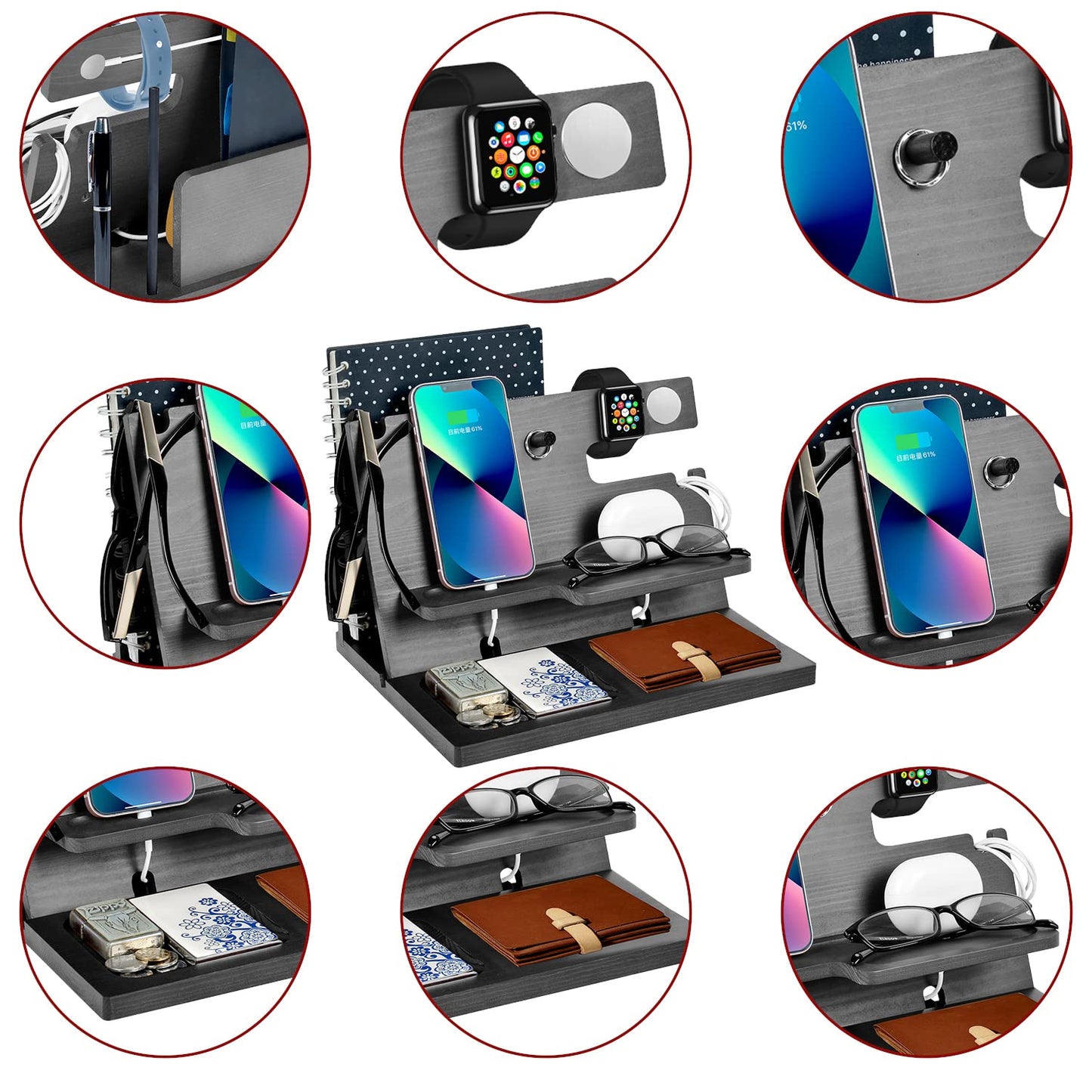 Gifts for men: birthday wooden phone docking station, watches, wallets, bedside organizer. Perfect for Christmas, birthday, or Father's Day. Wooden desk organizer for men.