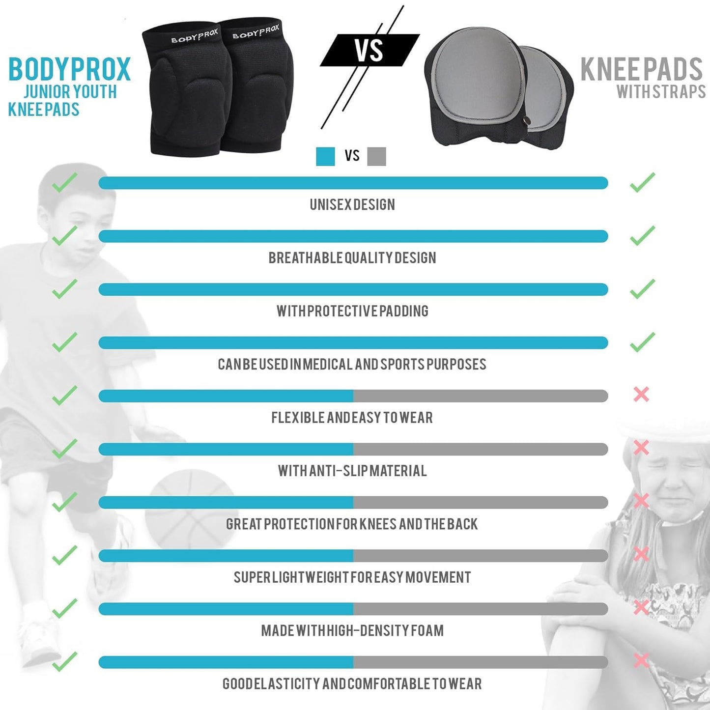 Bodyprox, Volleyball Knee Pads for Teens, Unisex, 1 Pair, Black, Ages 13-18