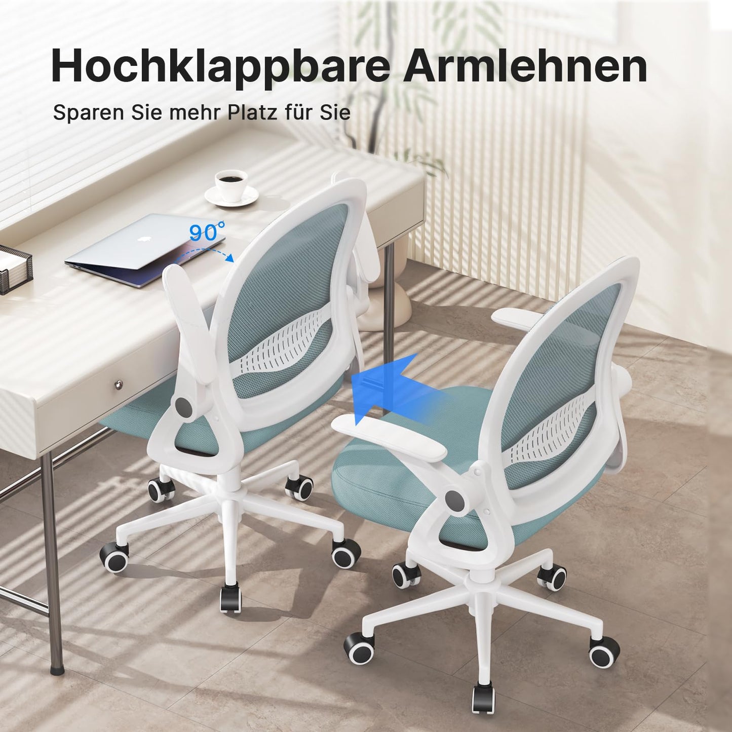 Naspaluro office chair, ergonomic desk chair with breathable mesh backrest, foldable armrests, height adjustable, computer chair, lightweight chair, 360° swivel chair, Blue.