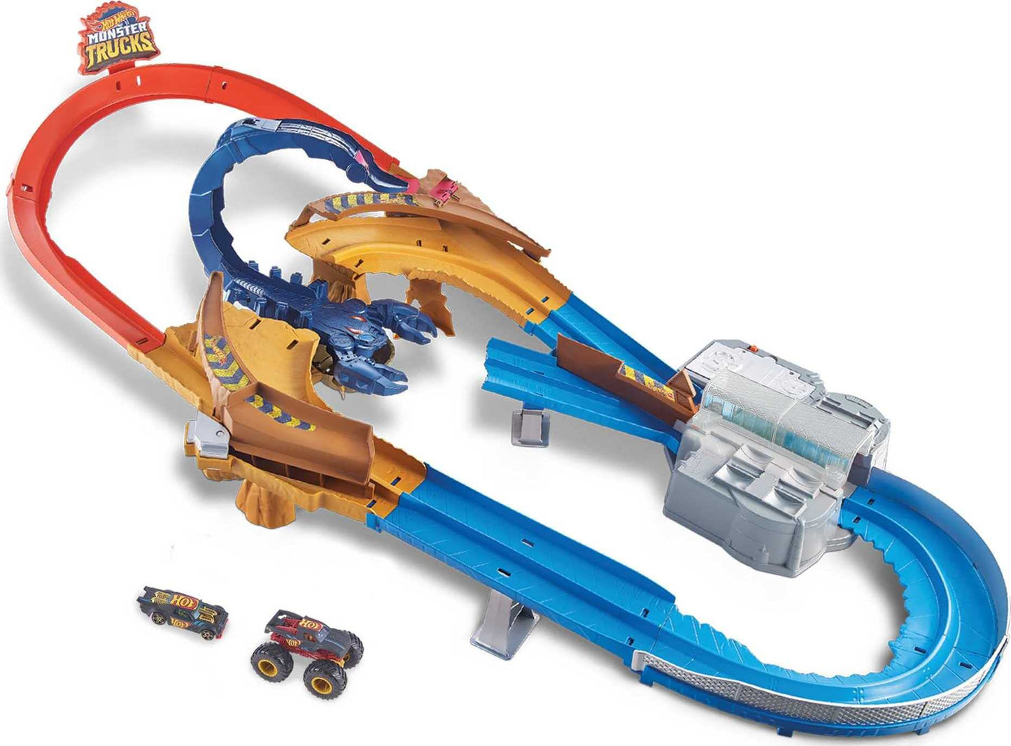 Hot Wheels GTL33 - Monster Trucks Scorpion Accelerator Track Set with monster truck and Hot Wheels vehicle, featuring a giant scorpion as the archenemy, for ages 4 and up.