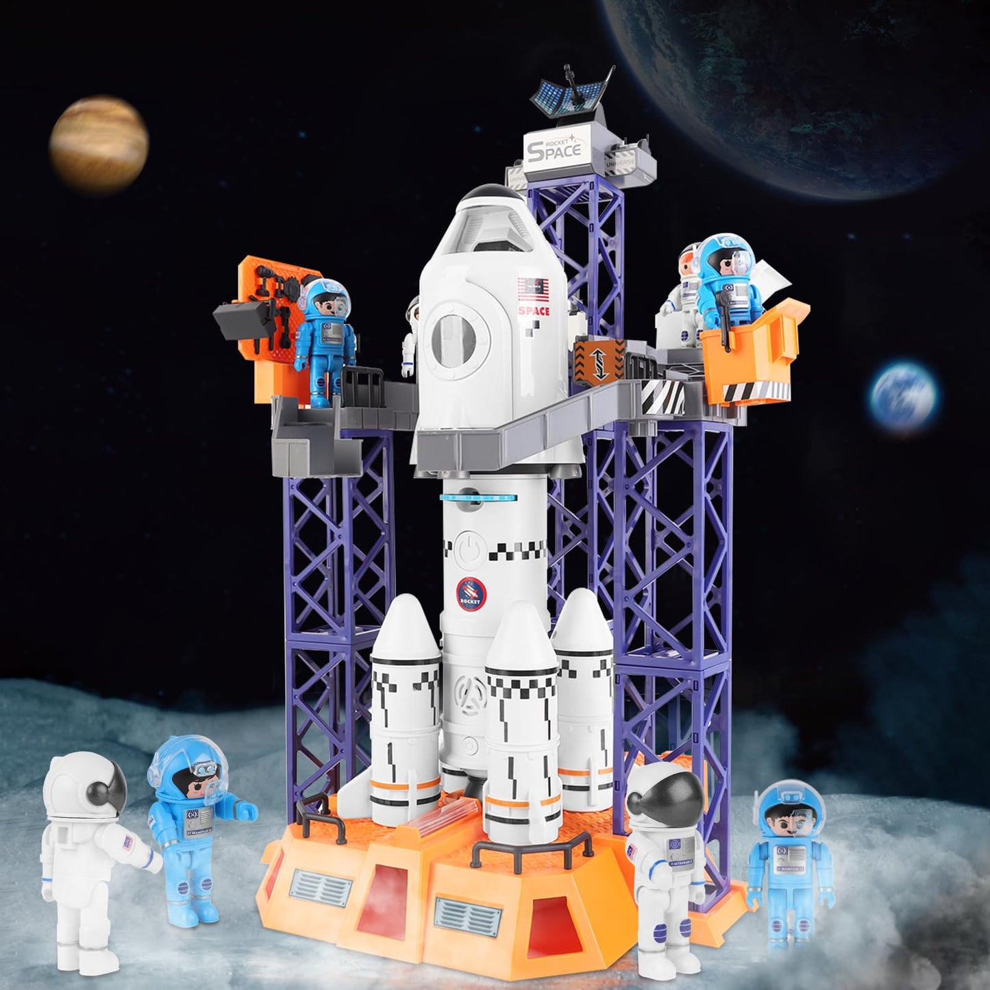 deAO Space Shuttle Rocket Toy with Light & Sound, Smoke Functions, 5 In1 STEM Science Learning Toy Projection Lamp Space Toy, with 4 Astronauts, Gift (Sky-1)