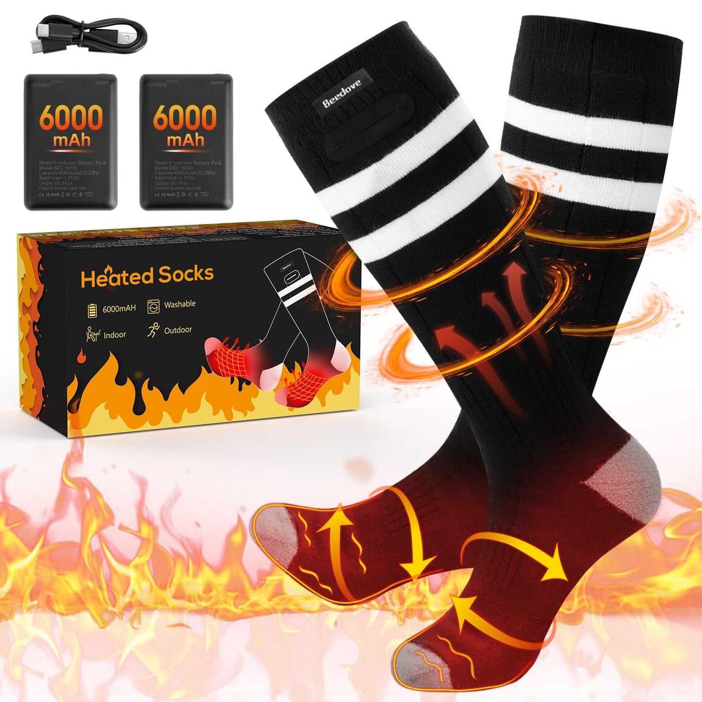 6000mAh Heated Socks, 2024 Latest Heated Socks for Women Men, 4 Heating Levels Rechargeable Electric Heated Socks, Heated Socks with Battery for Skiing, Outdoor, Camping, Fishing, Hiking