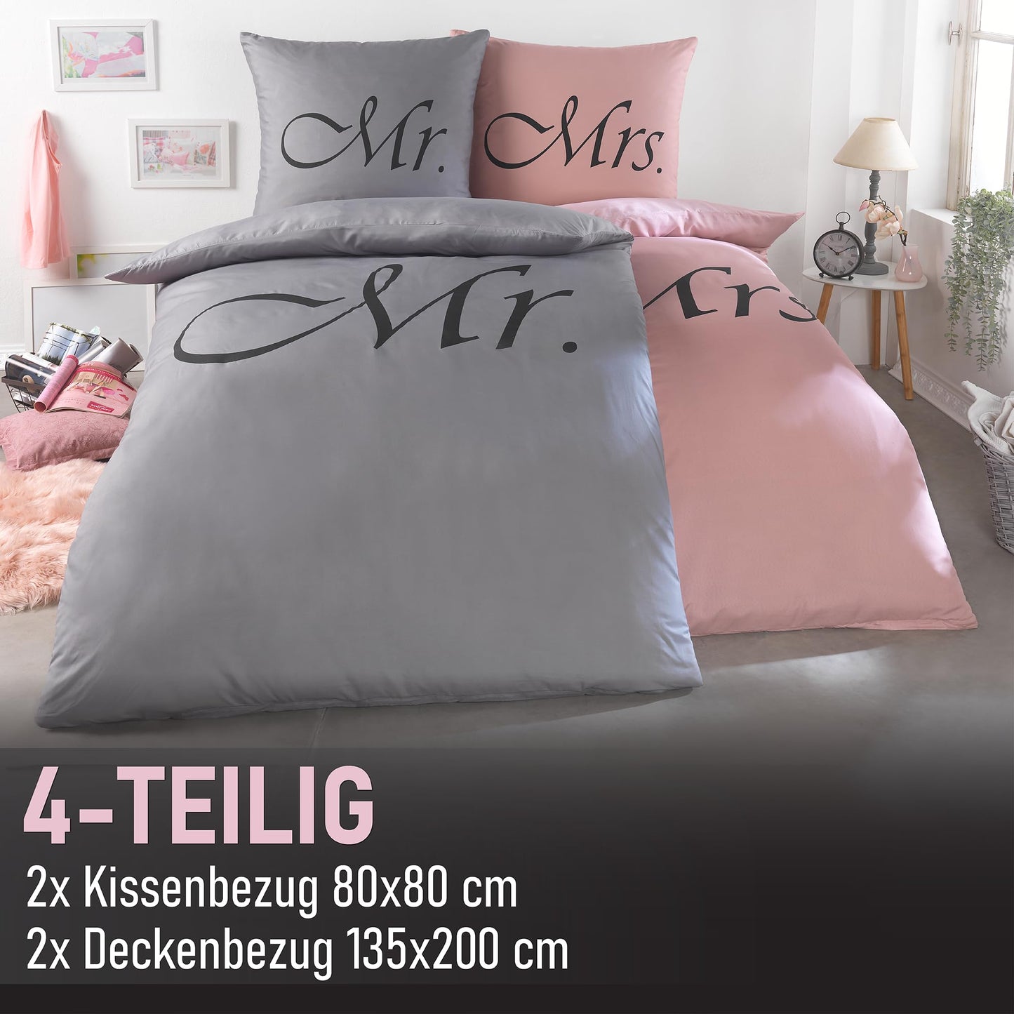 Kuscheli® 4-piece partner bedding set 135x200 with 80x80 pillowcase | ÖkoTex Certified | silky soft, microfiber for couples, color: King-Queen pink-gray