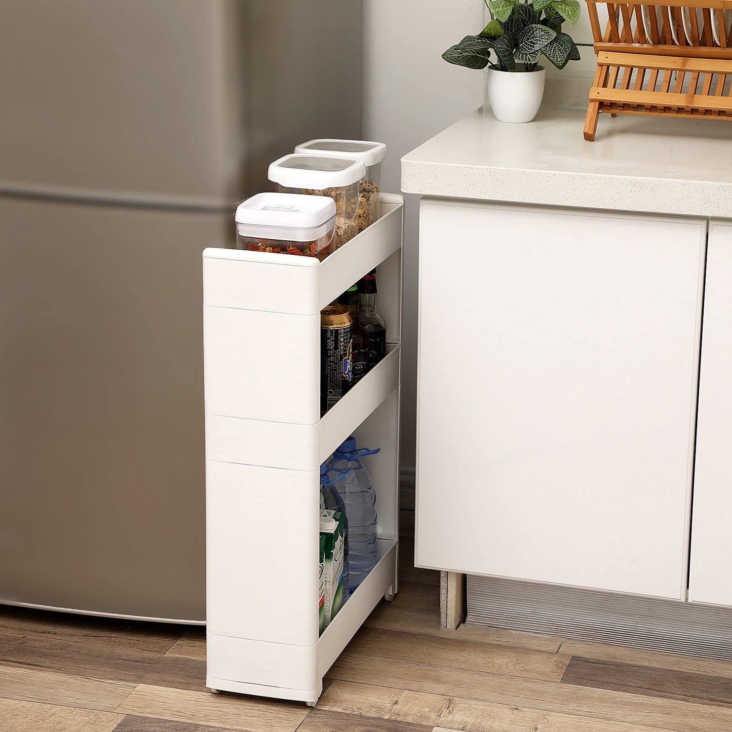 SONGMICS narrow gap storage cart with 3 shelves, niche cabinet on wheels for kitchen, bathroom, basement, KFR09WT, white, 45 x 17 x 68.5 cm