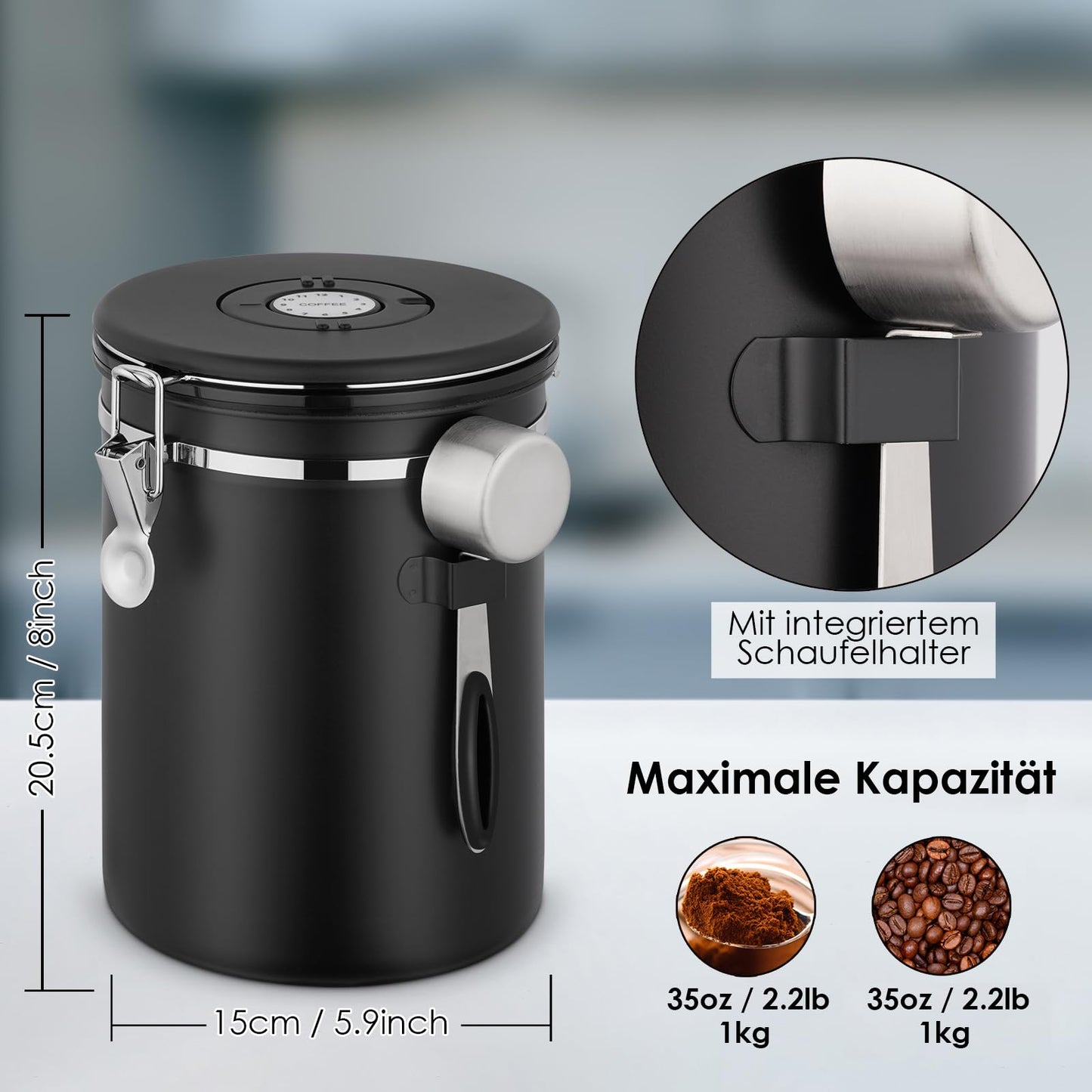 SMRONAR Coffee Canister Airtight, 2.8L Coffee Beans Container made of Stainless Steel, 1kg Beans Vacuum Coffee Can, Airtight Stainless Steel Coffee Canister with CO2 Valve, Measuring Spoon & Date Display for Tea Nuts Cocoa.