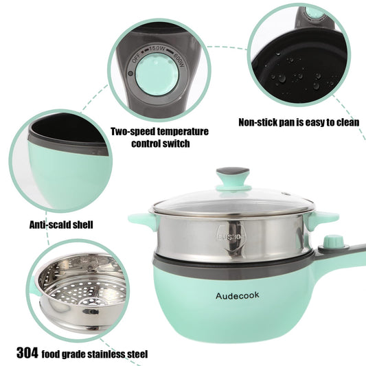 Audecook Electric Hot Pot with Steamer, 1.5L/20cm Electric Frying Pan Hotpot Pot Nonstick Mini Electric Skillet, Multi-cooker for Dorm Ramen, Steak (A (green/1.5L with Steamer))