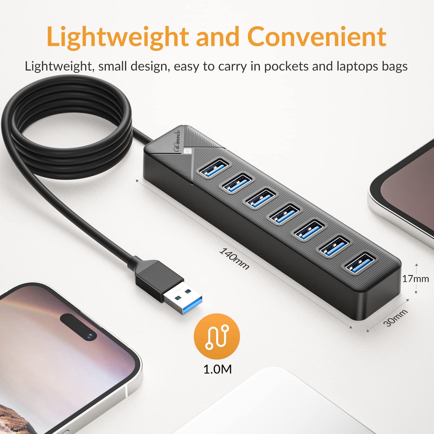 GiGimundo PG7U USB Hub 3.0, 7-Port USB Splitter, 1m Cable with 5V/3A Power Input, Multi USB Adapter for PC Laptop, older MacBook, PS4, PS5, Flash Drive, Keyboard, Mouse GGM-PG7U-U3-10-BK-EU