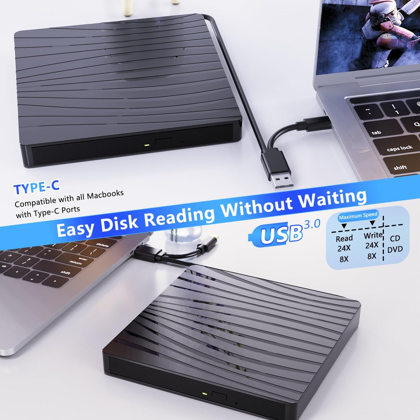QDSYLQ External DVD Drive, USB 3.0 & Type-C Portable CD DVD +/-RW Burner Optical Drive External DVD Drive for Laptop, PC, Desktop, MacBook, iMac, Windows 11/10/8/7/XP/Linux/Vista/MacOS