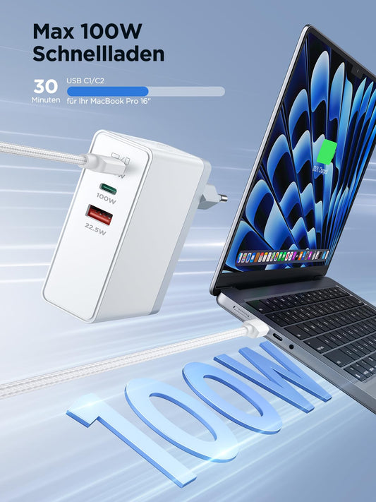 100W USB C charger, 3-port fast charger for MacBook, PPS power adapter USB multiple chargers USBC 3-in-1 adapter for iPhone 16/15/14/13 Series, iPad, Samsung Galaxy, Pixel, mobile phone, portable computer