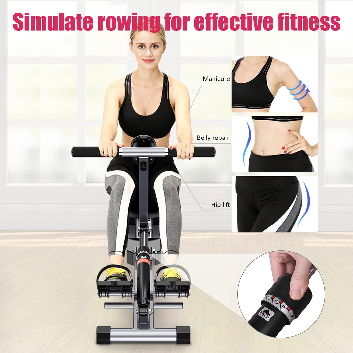Folding rowing machine with 12 levels of resistance adjustment, Adjustable home rowing machine for at home, Max load 120kg, Rowing machine with LCD monitor for fitness.