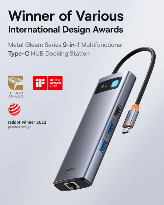 Baseus 9 in 1 Docking Station features USB C 4K@120Hz, dual HDMI monitors, 1000Mbps Ethernet, 100W PD, TF/SD card reader, USB 3.0, and multiport adapter for MacBook, Dell, HP, Surface, Lenovo, and other PCs.