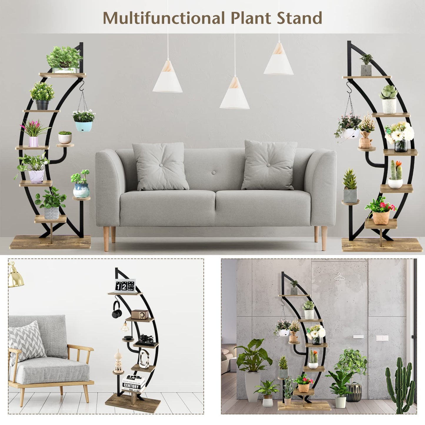 COMFOTTEU 5-tier Plant Stand, Metal Plant Pot, Plant Stand with Tilt Protection, Plant Holder with 7 Tiers & 1 Hook, Display Stand for Patio Garden Balcony, Black (2 Pieces)