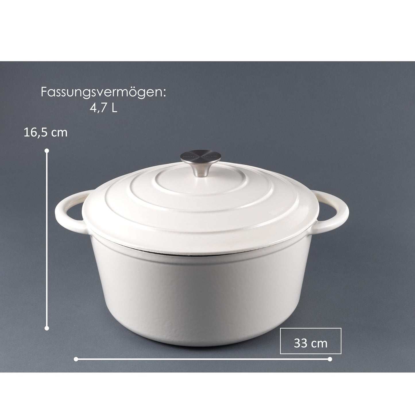 Hanseatic Kitchen Cast Iron Pot enameled 26 cm 4.7 l - High-quality pot for baking bread, roasting with lid, saucepan, roasting pan, braising pan (Cream White)