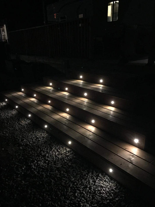 6-pack LED recessed lights, Ø30mm 0.6W LED ground lights for stairs, warm white, DC 12V, IP67 waterproof outdoor lamps for garden, kitchen, wooden bridge, pool lighting, wooden deck.