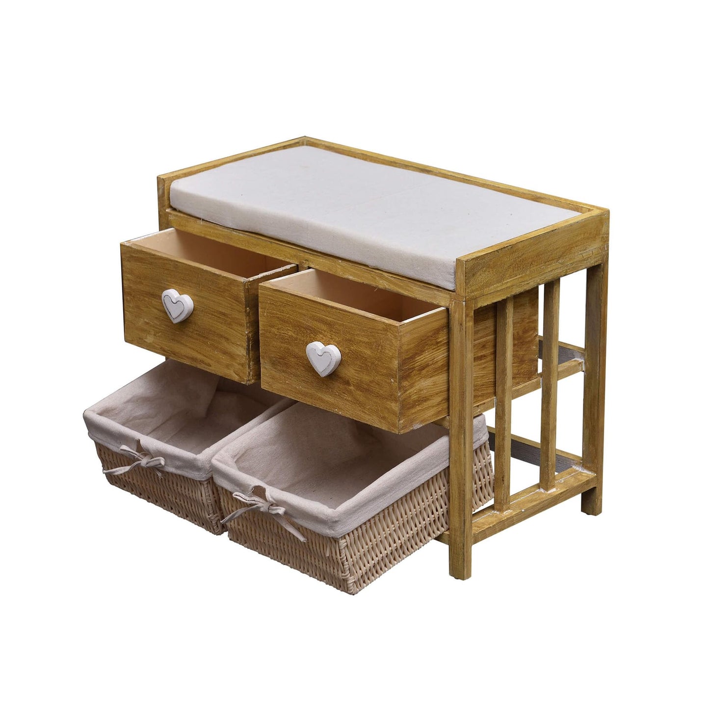 Rebecca wooden bench and wicker baskets, comfortable seat bench with 2 drawers and 2 wicker baskets, beige, shabby chic, for entryway or bedroom - Dimensions: 46 x 60 x 30 cm (HxLxB) - Art. RE4159