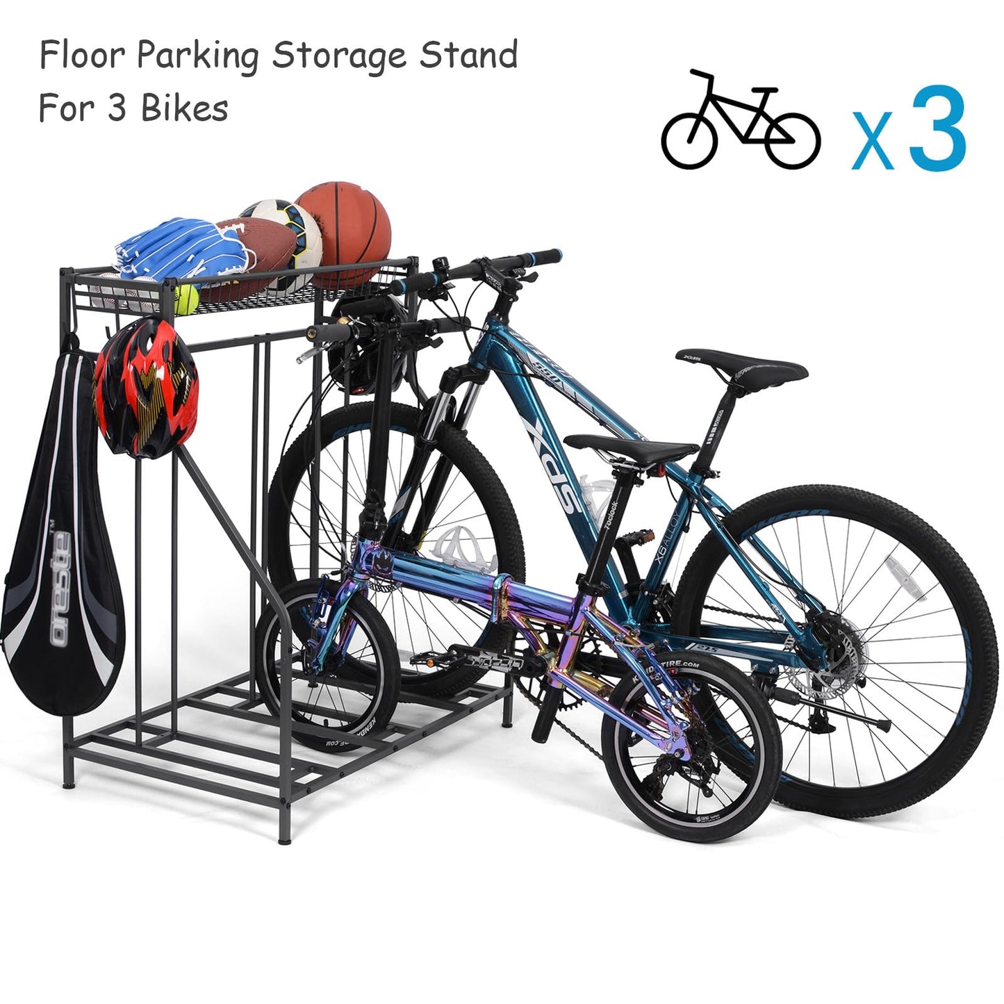 Bike rack, bicycle parking stand with 3 bike slots, extra wide basket, 6 hooks, adjustable bike slot for garage storage mountain bike, kids' bikes, bike stand