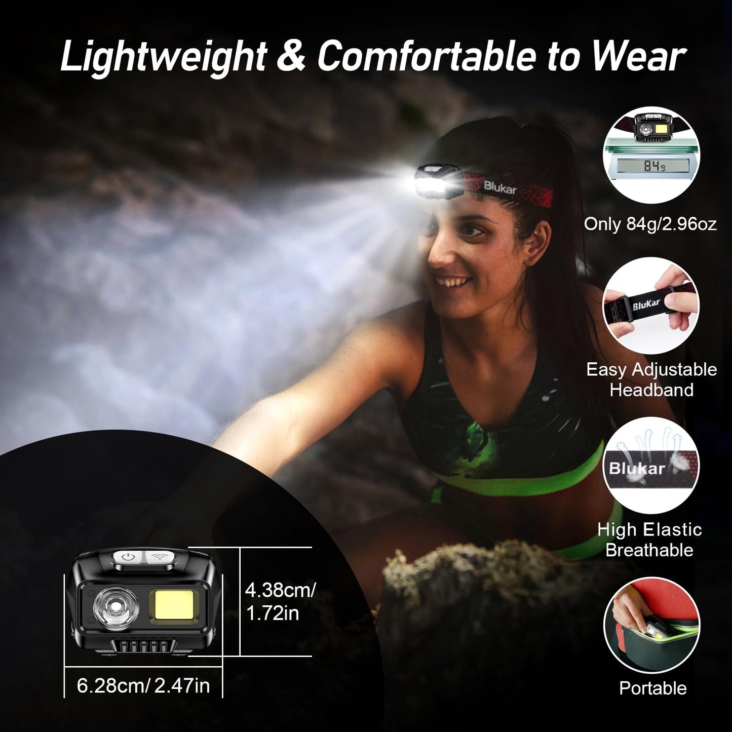 Blukar LED Headlamp Rechargeable, Super Bright Headlamp with 8 Light Modes, Sensor and Red Light, Lightweight IPX5 Waterproof Mini Headlight for Running, Camping, Fishing - 2 Pack
