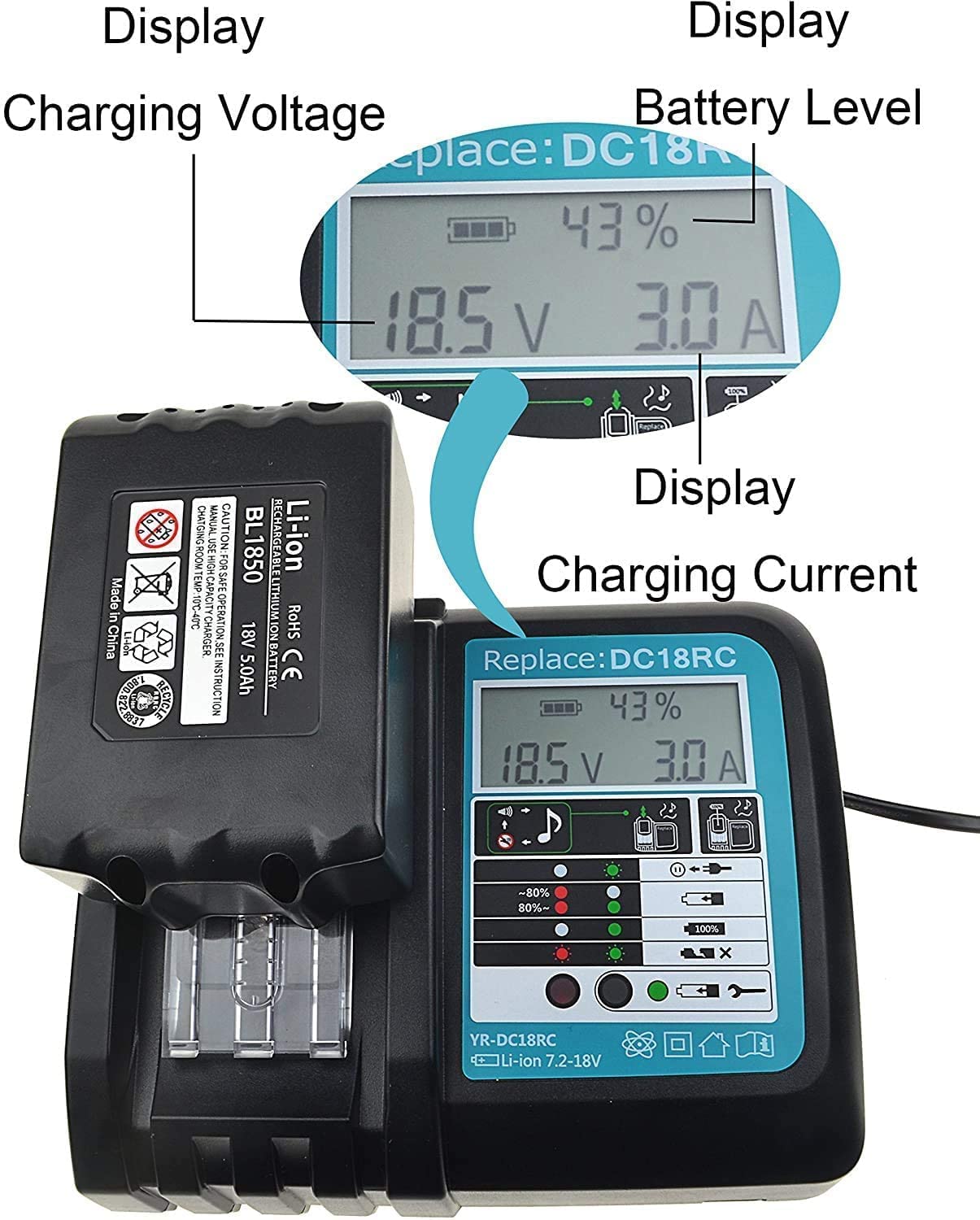 2X BL1850B 5000mAh battery replacement + charger 18V 5Ah for Makita charger DC18RC 3A. Compatible with Makita BL1850B BL1860B BL1830B, for Makita lawnmowers DLM431Z DLM380Z DUC353Z DHR171Z DHP482Z.