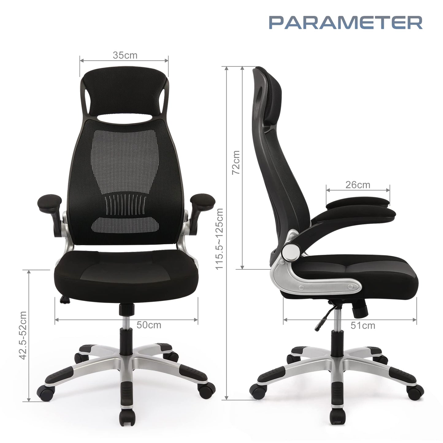 IntimaTe WM Heart Office Chair Ergonomic, Desk Chair with Foldable Armrests, Headrest and Lumbar Support, Mesh Executive Chair with Wheels, Black