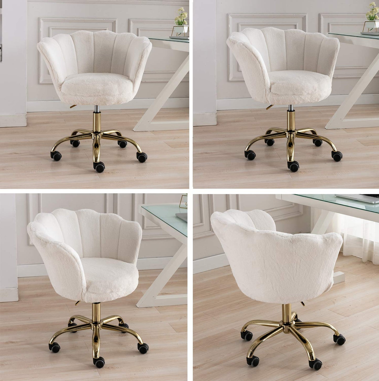 Wahson office chair made of faux fur swivel chair with wheels computer chair height adjustable, desk chair for bedroom/vanity, White