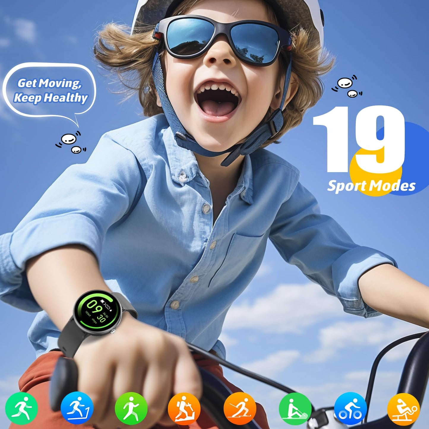 Kids Smartwatch for Boys Girls, Activity Tracker Watch IP68 Waterproof, 19 Sport Modes, Heart Rate Sleep Monitor, Pedometer, Children's Gifts for Teens from 5 Years Old (Black)