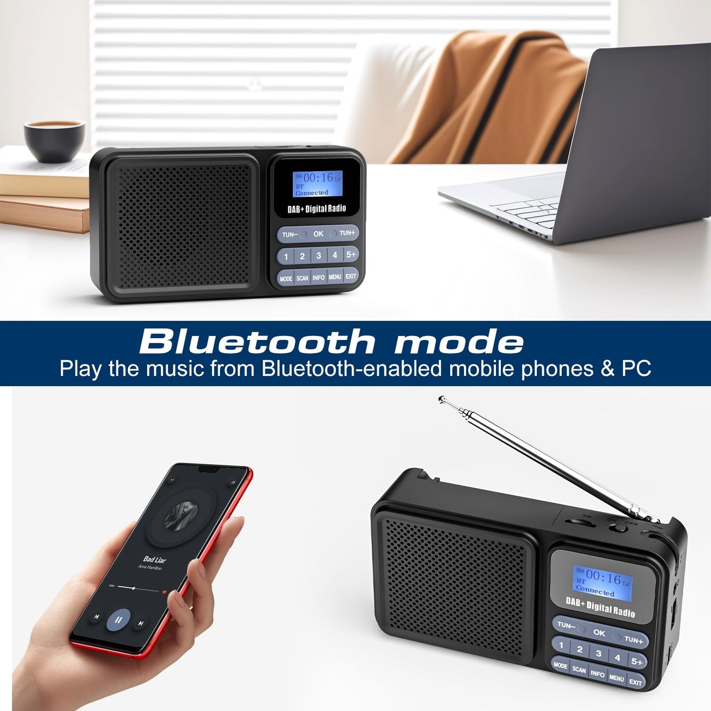 Gallypek portable DAB radio, DAB plus radio FM radio with Bluetooth 5.0 & 80 presets kitchen radio with cable or 2000mAh battery, supports solar & USB charging USB flash drive/TF/AUX connection.