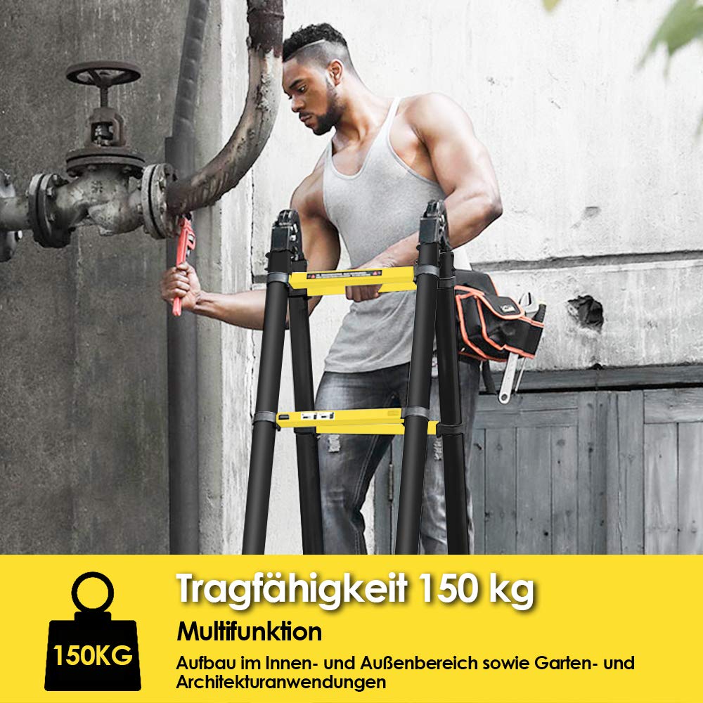 Ansobea Telescopic Ladder 5m Multipurpose Extendable Aluminum Ladder Maximum load capacity of 150kg Home DIY Folding Ladder, Yellow