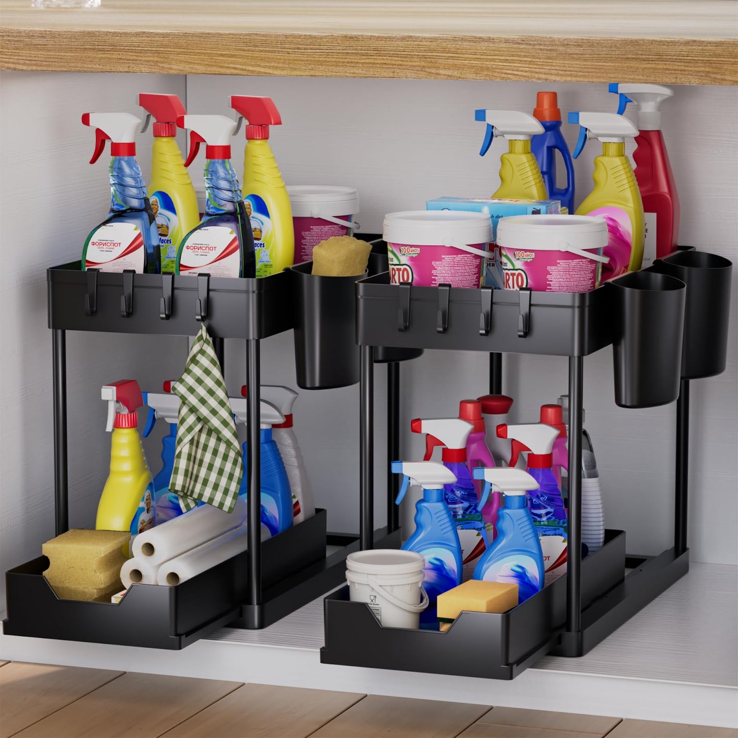 AIXPI Kitchen Organizer 2 Tiers, Under Sink Shelf with Hooks and Cup Spice Rack Sink Cabinet Organizer Kitchen Shelf Cabinet Organizer for Bathroom Kitchen Black 2 Set