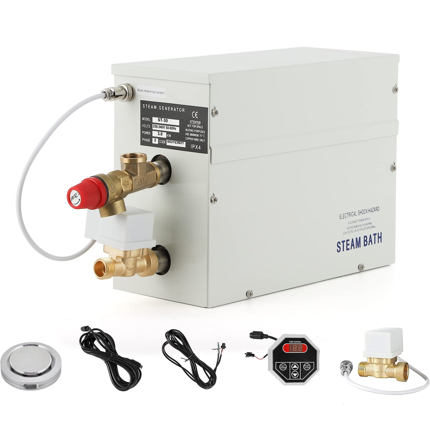 CGOLDENWALL 3 KW Household Sauna Steam Generator 220 V, perfect for sauna/shower/bathroom/spa, with automatic drainage, LED digital controller 35-55℃, for 1.5-3 m3 room heating.